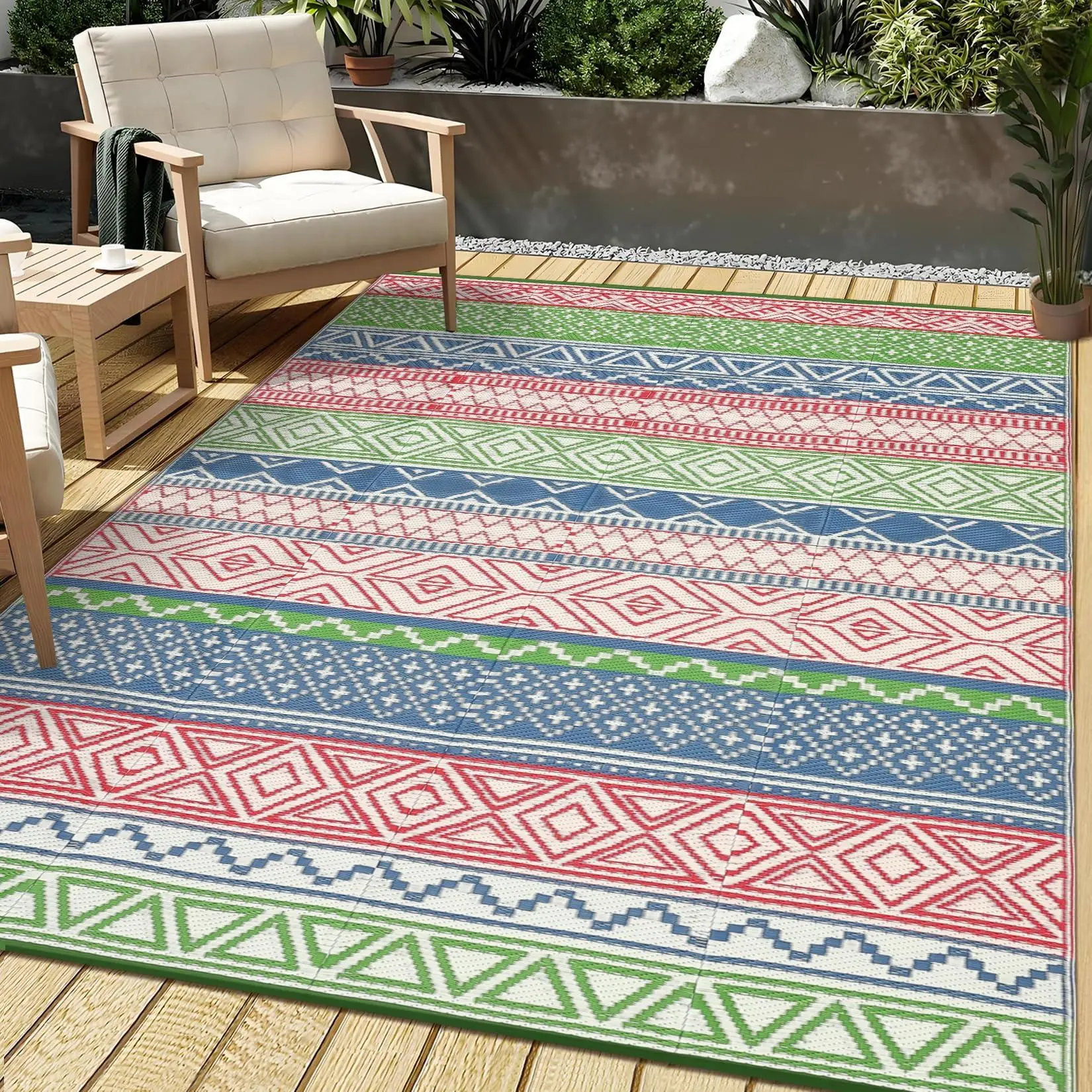 Waterproof Outdoor Polypropylene Rug - Reversible Boho Chic Eco-Friendly Plastic Straw Carpet for Patio, Camping, RV - Boho Chic Aesthetic for Eco-Friendly Outdoor Use (Red/Navy), Camping Tent, Yoga Exercise, All Seasons