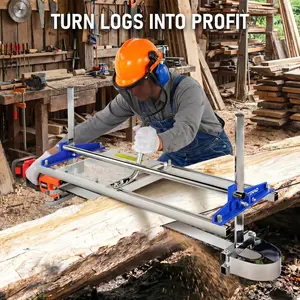 Professional Chainsaw Mill 14"-24" Portable Lumber Cutting Guide with Chrome Frame, Blue Bracket, 2 Pairs of Wedges, Acrylic Plate, Scale Mark, Gloves & Tool Kit for Builders & Woodworkers
