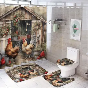 It's Just Chicken Time Shower Curtain 4 Piece Set Bathroom Shower Curtain Set with Rugs Rooster Chicken Holiday Durable and Waterproof for Bathroom Decor Bathroom Decoration Accessories