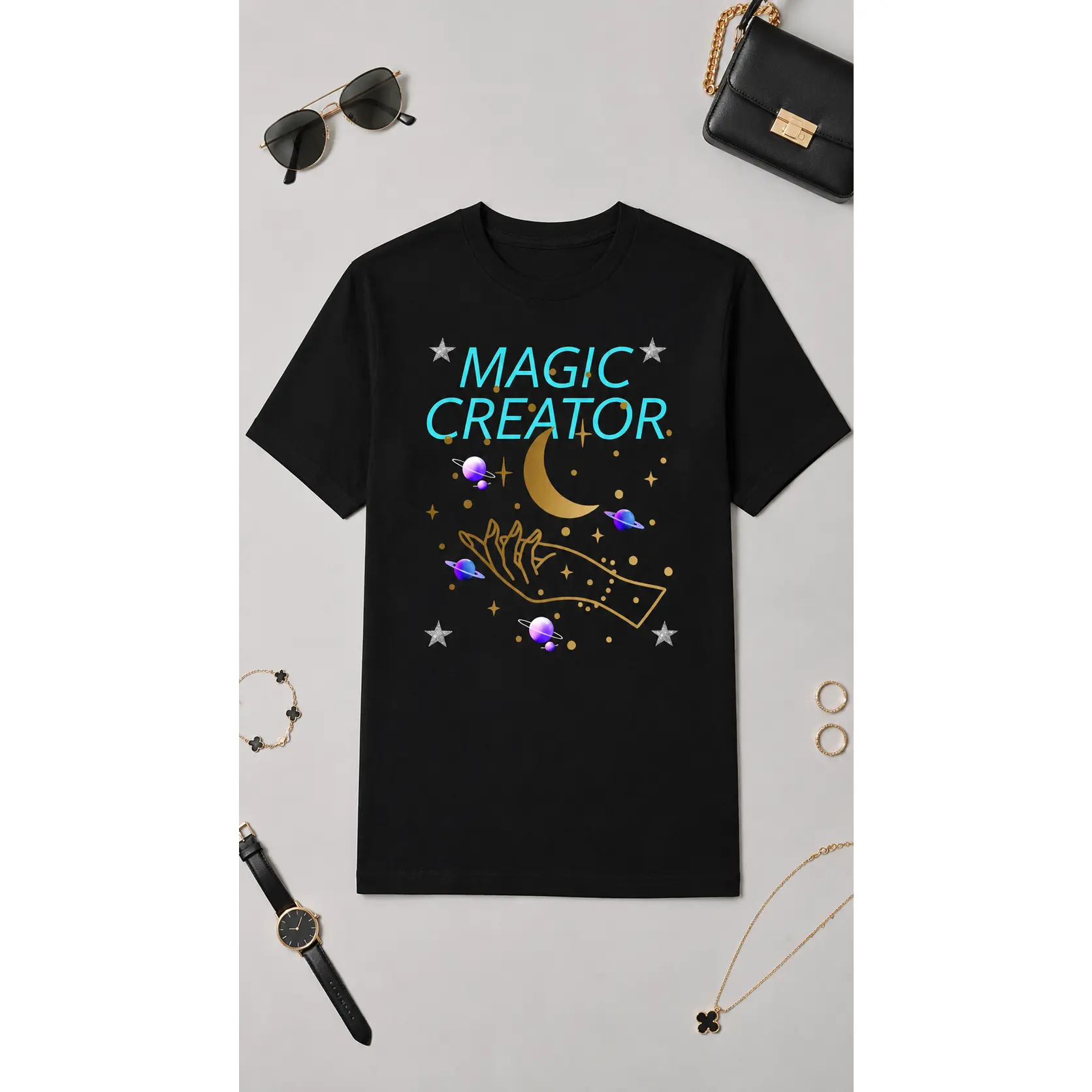 Magic Creator Celestial Graphic T-Shirt, Astrology Moon Hand Space Print Tee, Trendy Unisex Casual Streetwear Top