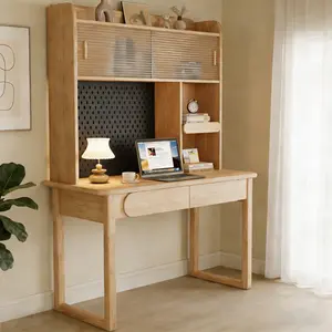 Solid Wood Study Desk with Bookshelf for Kids, Multi-Functional Wooden Desk with Storage, Available in Natural Wood Color, Perfect for Home Study Areas