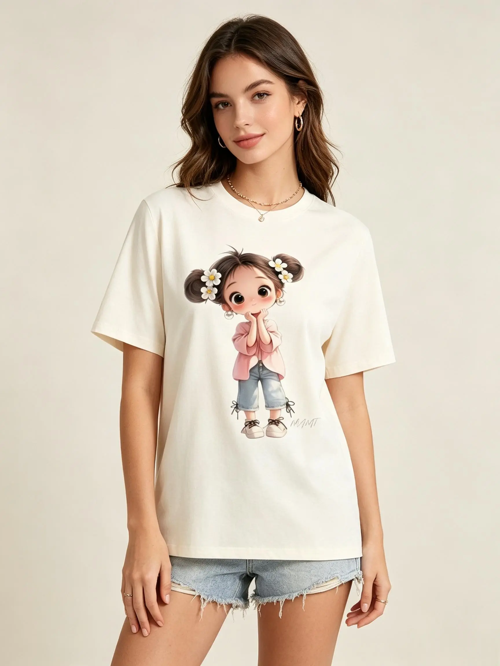 Cute Kawaii Short Sleeve T Shirt for Women Cotton Graphic Tee Y2K Aesthetic Chibi Print Oversized Streetwear Retro Sweet Casual Top Beach Wear Valentine Gift for Robot Lovers