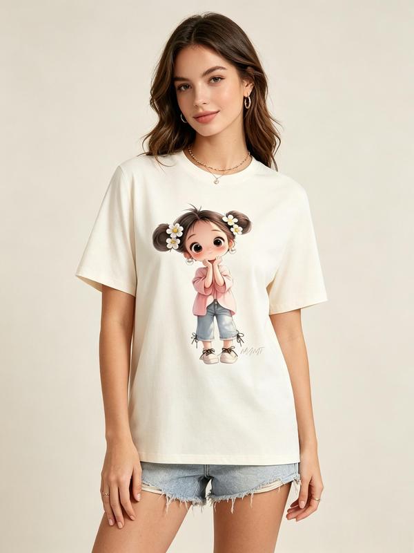 Women's Cotton Stretchy Oversized Short-Sleeve Graphic Tshirt - 2000s Y2K Aesthetic Chibi Comic Art Print, Retro Sweet Casual Everyday Top, Durable Fabric, Beach Wear, Valentine Gift for Robot Lovers, Sohochic