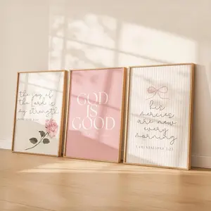 Pink Christian Wall Art Set of 3, God Is Good Print, Scripture Nursery Decor, Coquette Bible Verse Wall Art