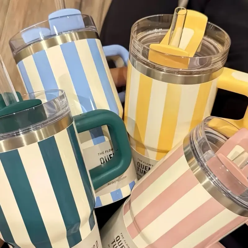 20oz Striped Retro Insulated Cup, Handle Straw Cup, Multiple Colors Available, Small Capacity Travel Cup, Mother's Day Gift, Insulated Mug, Tumbler Cup, Insulation Drinkware, Insulated Drinkware, Insulated Coffee Tumbler