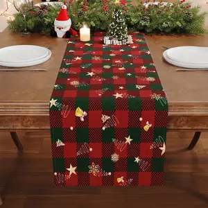 1 PC, Red & Green Check Christmas Table Runner, Cute Woven Plaid Fabric Table Runners for Seasonal Winter Party, Indoor Festive Home Decor, Rectangle