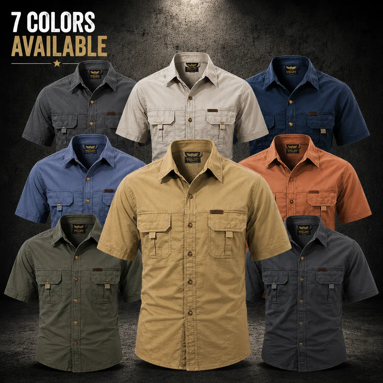 Men’s tactical short-sleeve shirt with a turn-down collar, breathable cotton workwear shirt, classic rugged style with multiple pockets, casual top suitable for outdoor travel and everyday wear.