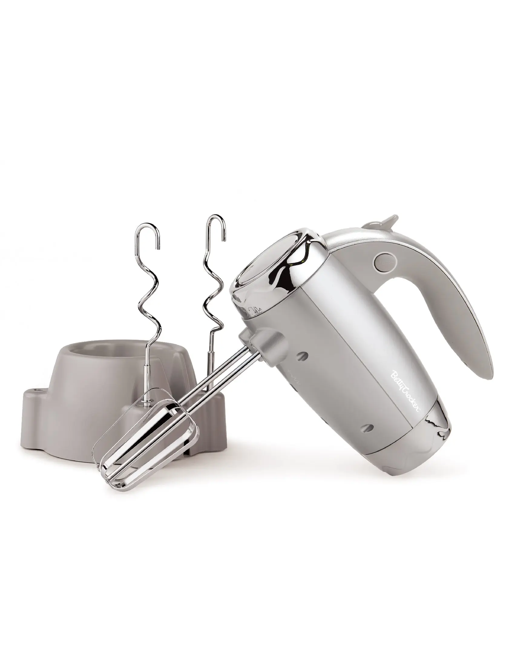 Betty Crocker 7-Speed Power-Up™ Hand Mixer with Stand, 300 Watt Electric Mixer with Beaters and Dough Hooks, Ergonomic Electric Hand Blender for Home & Kitchen with Stand, BC-4208S, Silver