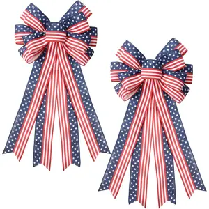 2PCS 4th of July Decorations, Red White Blue Wreath Decor for Front Door, Stripe Stars Tree Topper Patriotic Bows for Independence Day, Memorial Day, Indoor/Outdoor Home Holiday Party