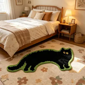 Creative Cat Shaggy Rug, Decorative Area Rug, Soft Bedroom Mat, Fun Cartoon Style, Unique Design Decor Pad, Suitable for Sofa, Coffee Table, Living Room