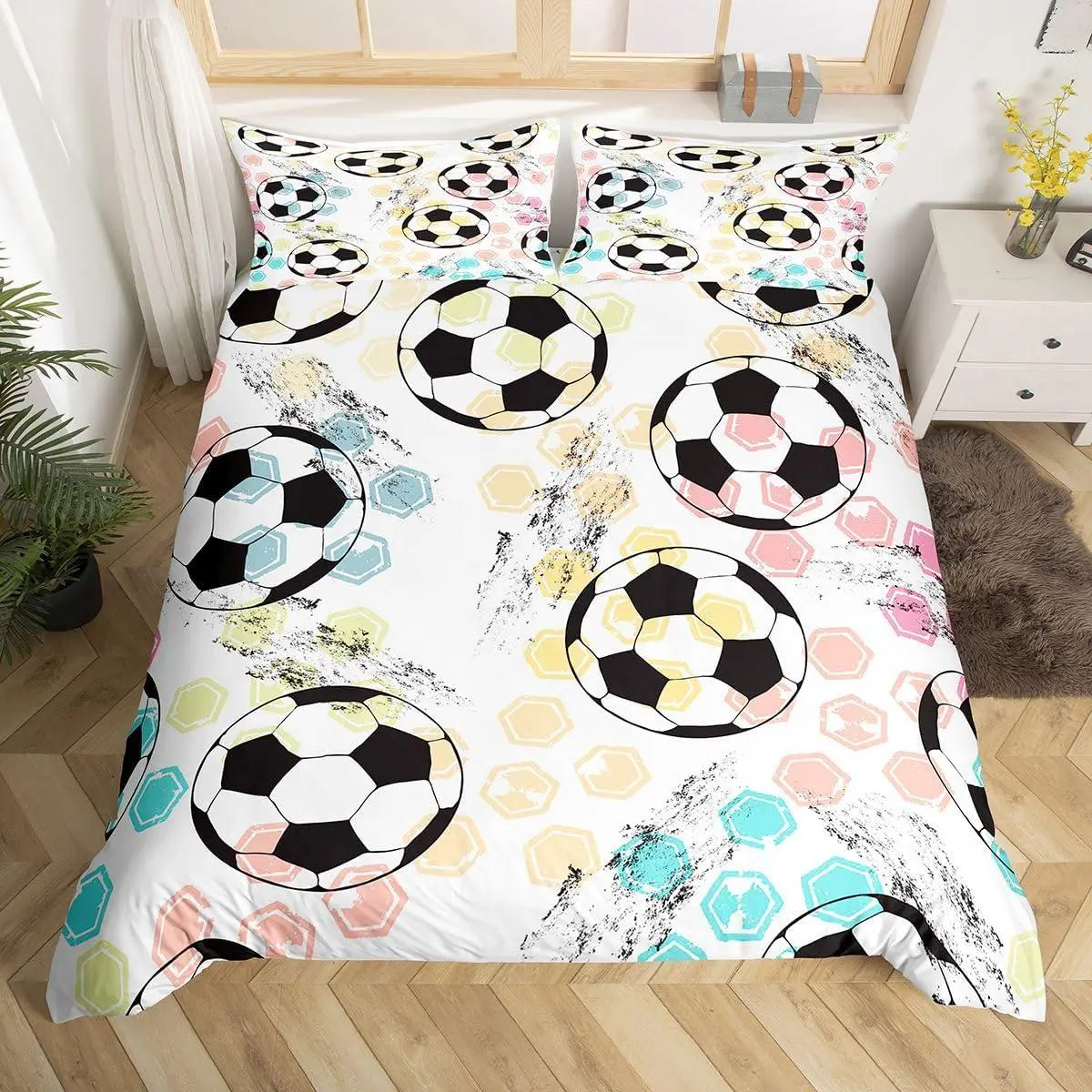 Football Bedding Set Sports Theme Comforter Cover Soccer Ball Pattern Duvet Cover Breathable Colorful Grunge Style Bedspread Cover Room Decor Quilt Cover