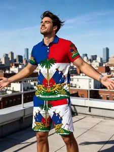 Men's Haiti Flag Emblem Print Two-Piece Set, Polo Shirt + Shorts, Patriotic Casual Wear, Breathable Comfort, Ideal for Ethnic Events & Daily Use