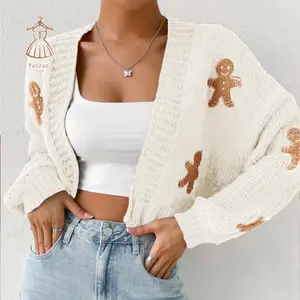 Women’s cute autumn and winter festive-atmosphere knitted cardigan with a gingerbread man pattern, warm and fashionable fit knitted sweater