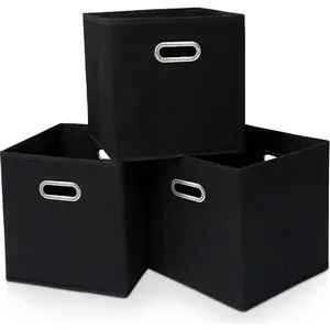Set of 3 13x13x13 Inches Black Foldable Collapsible Fabric Cubby Storage Bins Cube Organizer Boxes with Dual Handles