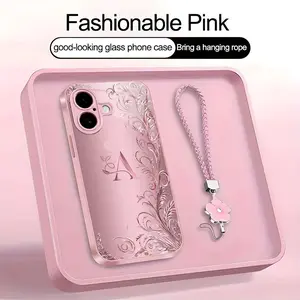 Suitable for [iPhone 16] high-end women's phone case🤩，a beautiful four-leaf clover lanyard is included🍀，a free four-leaf clover lanyard is included, with 26 letters of the alphabet to choose from and exquisite flower patterns YM99