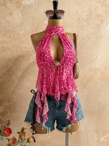 RES Leopard Print Halter Top Sexy Backless Bow Tie Summer Beach Party Top