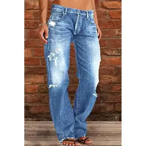 Women's Ripped Jeans Mid Rise Straight Leg Denim Jean Plus Size Boyfriend Jeans Baggy Flare Pants 90s Hippie Clothes Streetwear Bottom