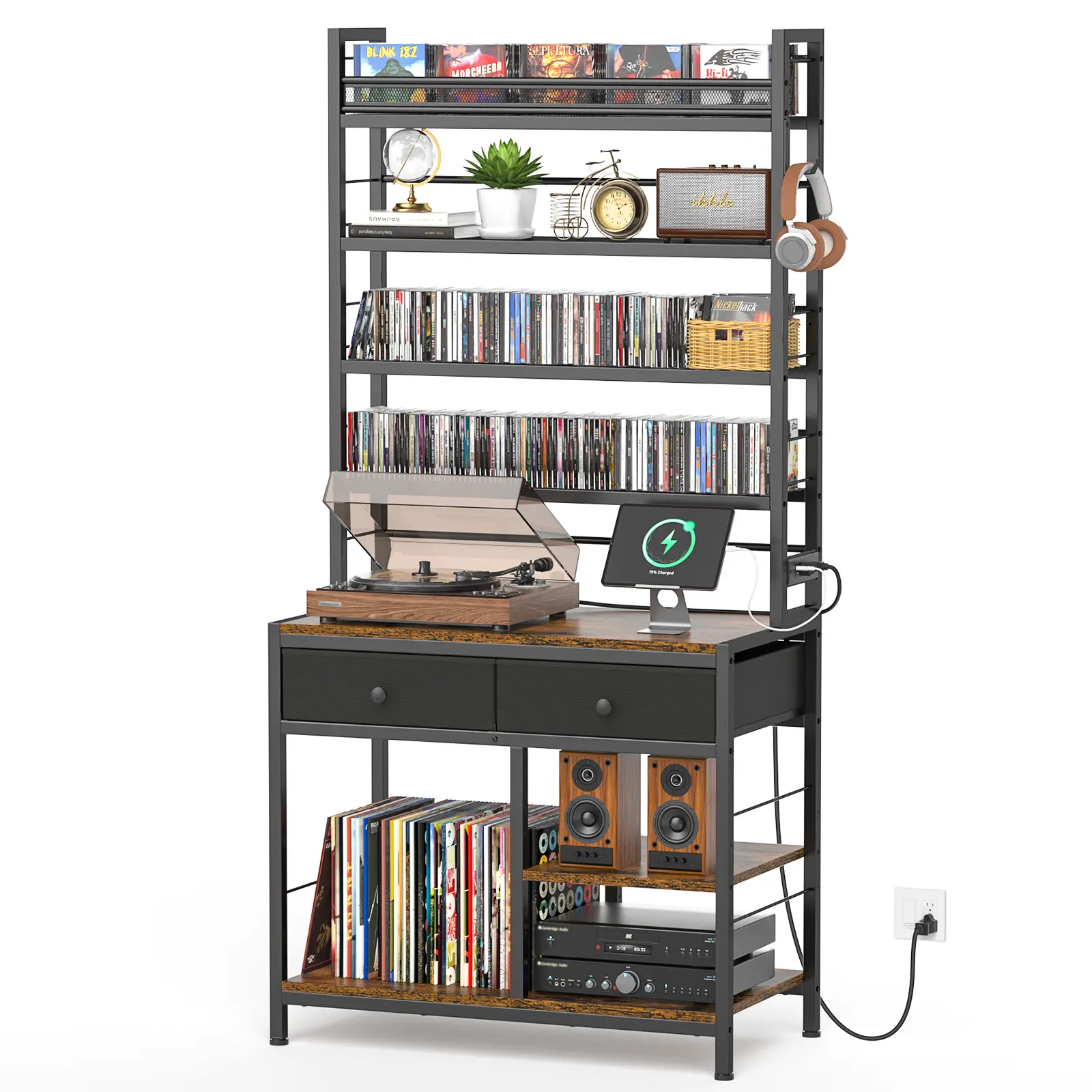 Audiophile Turntable Storage Cabinet, 8 Tier CD DVD Organizer Rack with USB-C/AC Charging Station & Drawers, Large Capacity Vinyl Record Holder for Home Music Corner