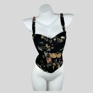 Elegant Floral Lace Corset Top with Spaghetti Straps, Boned Waist Cincher with Lace Up