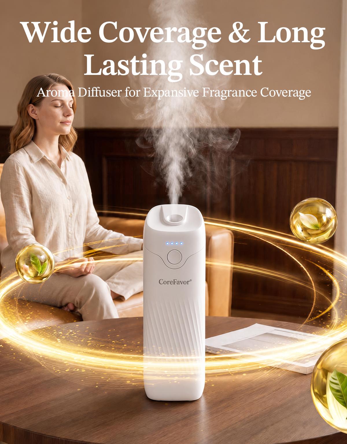 CoreFavor Waterless Essential Oil Diffuser - 120ml Aroma Oil Included, Wall-Mountable, USB Rechargeable, 4 Adjustable Scent Intensities, Low-Noise Calm Operation, Boujee Home Accessories, Ideal Gift for Bedrooms, Offices