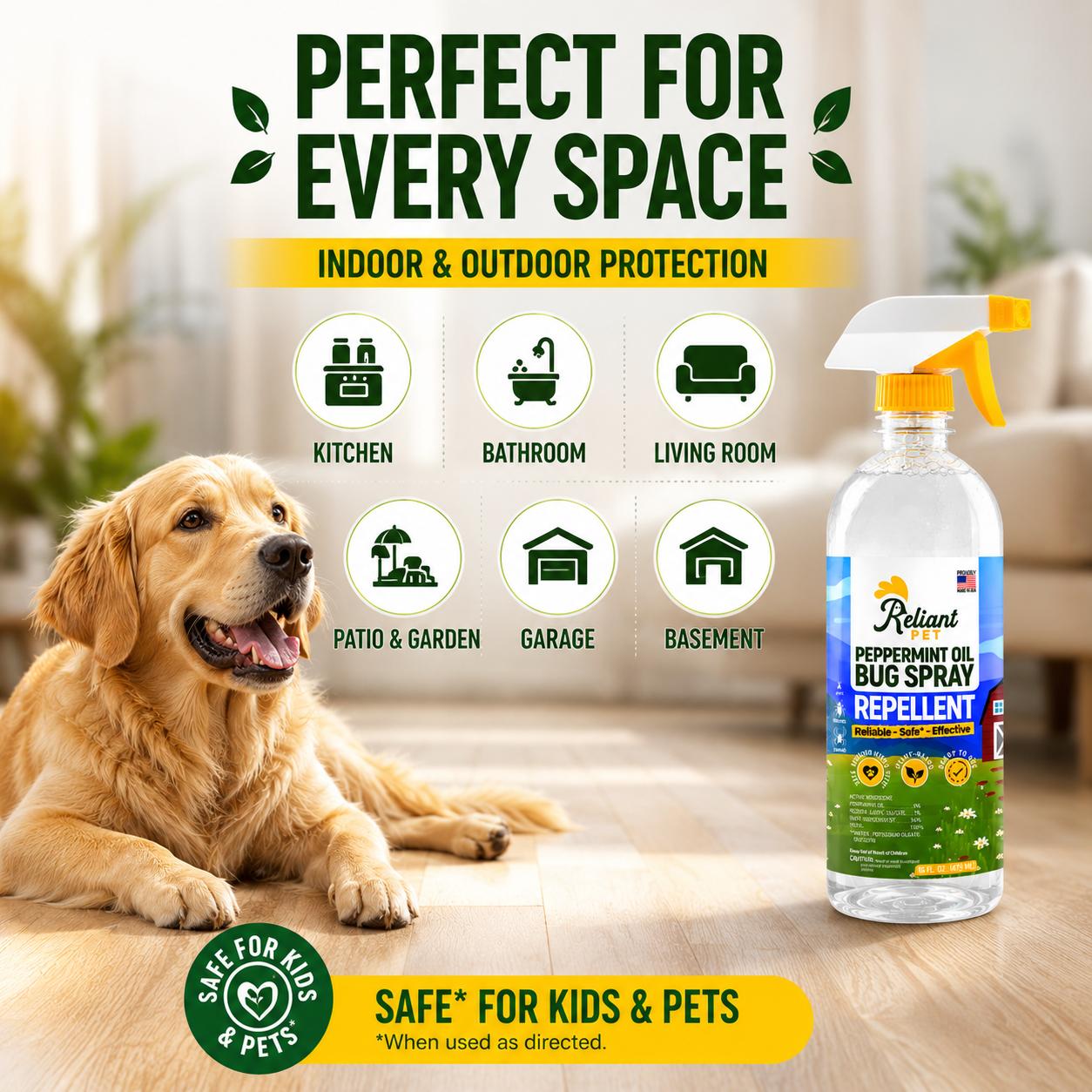 Reliant Pet Peppermint Oil Bug Spray - Deals For You Days -  [16oz and Made In USA ] Ants, Spiders, Roaches - Safe for USE Around Kids and Pets  - Effective & Usage