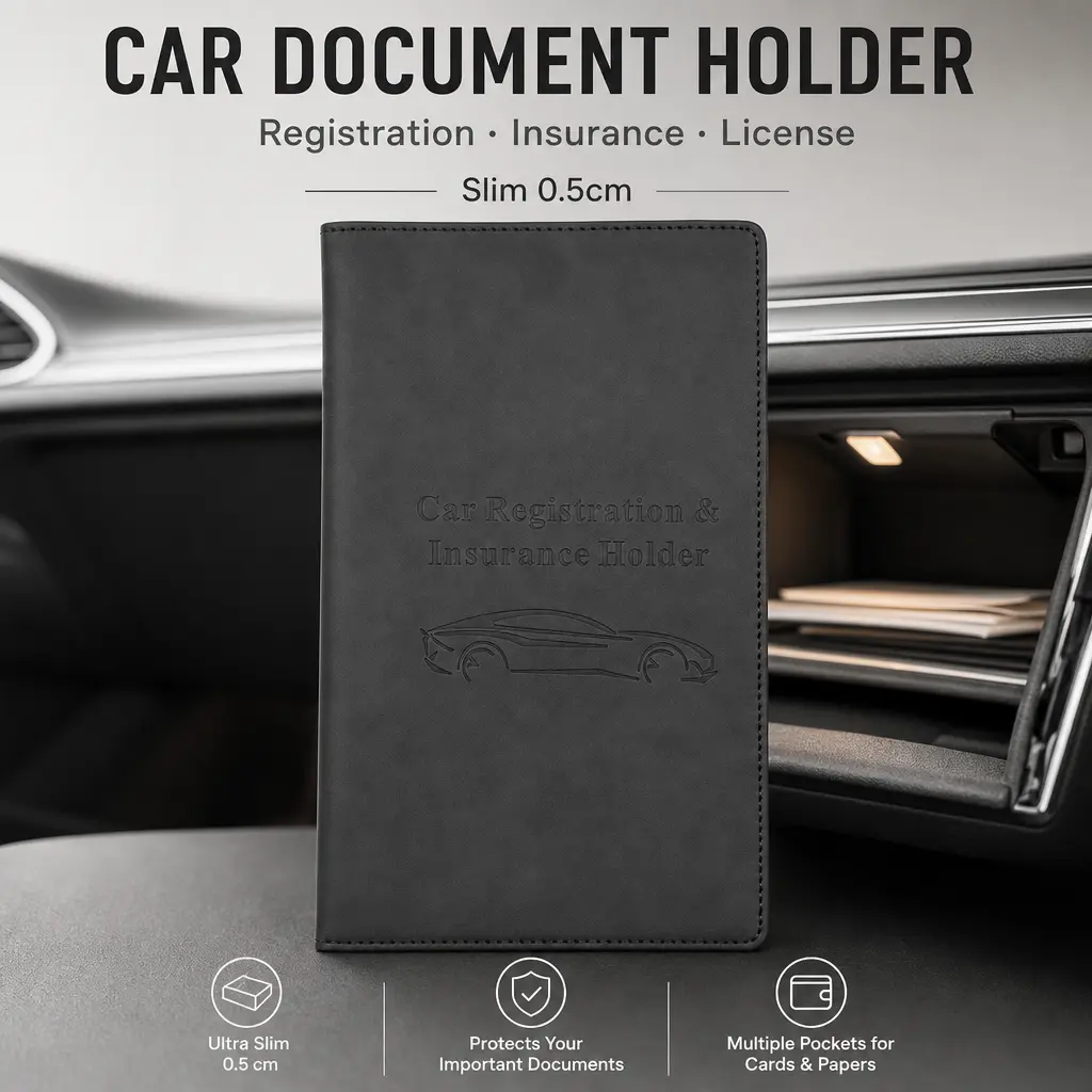 Car Registration and Insurance Holder - Slim Bi-Fold Vehicle Document Organizer for Glove Box, License & Cards Fit Universal