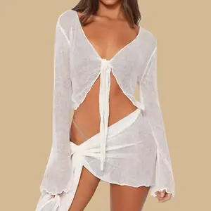 Sexy 2-Piece Crochet Swimsuit Cover Up for Women – Sheer Knit Beach Skirt Set, Summer Vacation Outfit 2025