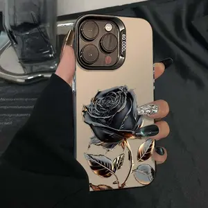 Black gold rose pattern, anti-drop, anti-slip TPU full lens mobile phone protective case, suitable for iPhone 16 15 14 13 12 11 XS X, Samsung and other series models, can be given as a gift to friends or family