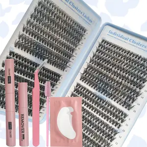 400~640Pcs Per Box, Lash Extension Kit, DIY Lashes Cluster D Curl ,With Lash-Glue Bond And Seal, Lash Remove  And Lash Applicator Brush Tool   and one pair Gel Under Eye Pad For Self Application At Home(20D-30D-40D-50D)  Party and Travel, Makeup Tool Set