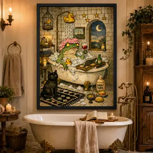 Unframed Retro Charming Frog Bath Canvas Art Print - Artistic Graphic Home Decor for Living Room, Bedroom,Canvas Poster Wall Decor, Room Decorations, Funky Home Decor,anime wall art,bedroom canvas poster