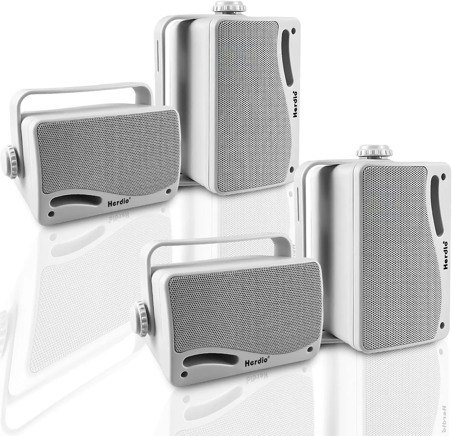 Herdio 4-Pack 3.5-Inch Wireless Bluetooth 5.3 Waterproof Outdoor Audio Speakers, 400W Superior Surround Sound, White Wall-Mount Mobile Speakers for Home Patio, Marine Boat (Compatible with Smartphones), Outdoor Speakers