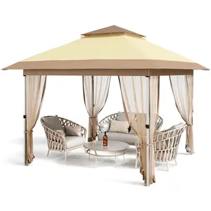 GARVEE 12ft x 12ft and 11ft x 11ft Gazebo Outdoor Canopy Tents with Curtains, Mosquito Netting, and 2-Tiered Vented Tops for Patio and Backyard Parties in Beige and Khaki Colors, Ideal for Outdoor Gatherings.