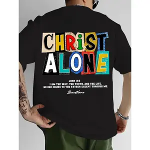 Casual Short-Sleeve T-Shirt for Men Featuring a Striking "CHRIST ALONE" Graphic And The Scripture John 14:6, Made from a Light Beige Breathable -Spandex Blend, Designed for a Regular Fit