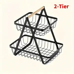 TAIMASI [1pc Metal Storage Basket] 1pc Elegant Black Metal Wire Multi-Tier Detachable Bathroom & Kitchen Storage Basket | Wooden Handle, Food-Safe Countertop Basket For Fruits, Bread, Home Organization, Bathroom Basket Organizer, Durable Construction