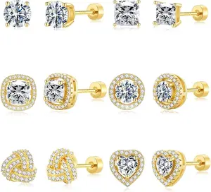 6 Pairs Stud Earrings Set Hypoallergenic 925 Sterling Silver Post Stud Earrings Set for Women - 14k Gold Plated Silver Flat Back Studs Cubic Zirconia Earrings for Women Dainty Nickel Free Earring for Sensitive Ears