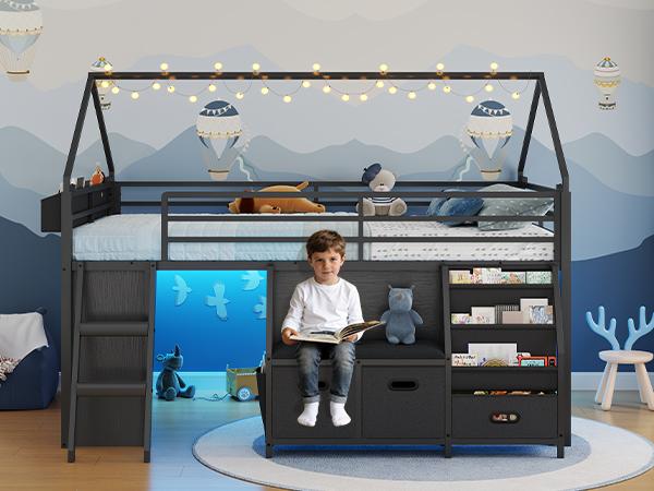 ADORNEVE Low Loft Bed Full Size with Bookshelf and Reading Nook LED Loft Bed with 3 Drawers and Under-Bed Play Space Loft Bed with Safety Guardrail and Inclined Ladde Play Curtain