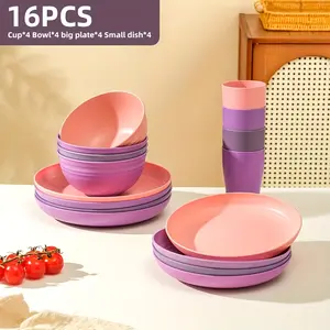 16pcs Securely Fixed Non Fragile Plates Wheat Straw Tableware Set Microwave Dishwasher Safe Durable Black Set Includes 8 Plates 4 Bowls 4 Cups Suitable For Family Gatherings Birthday Parties Camping