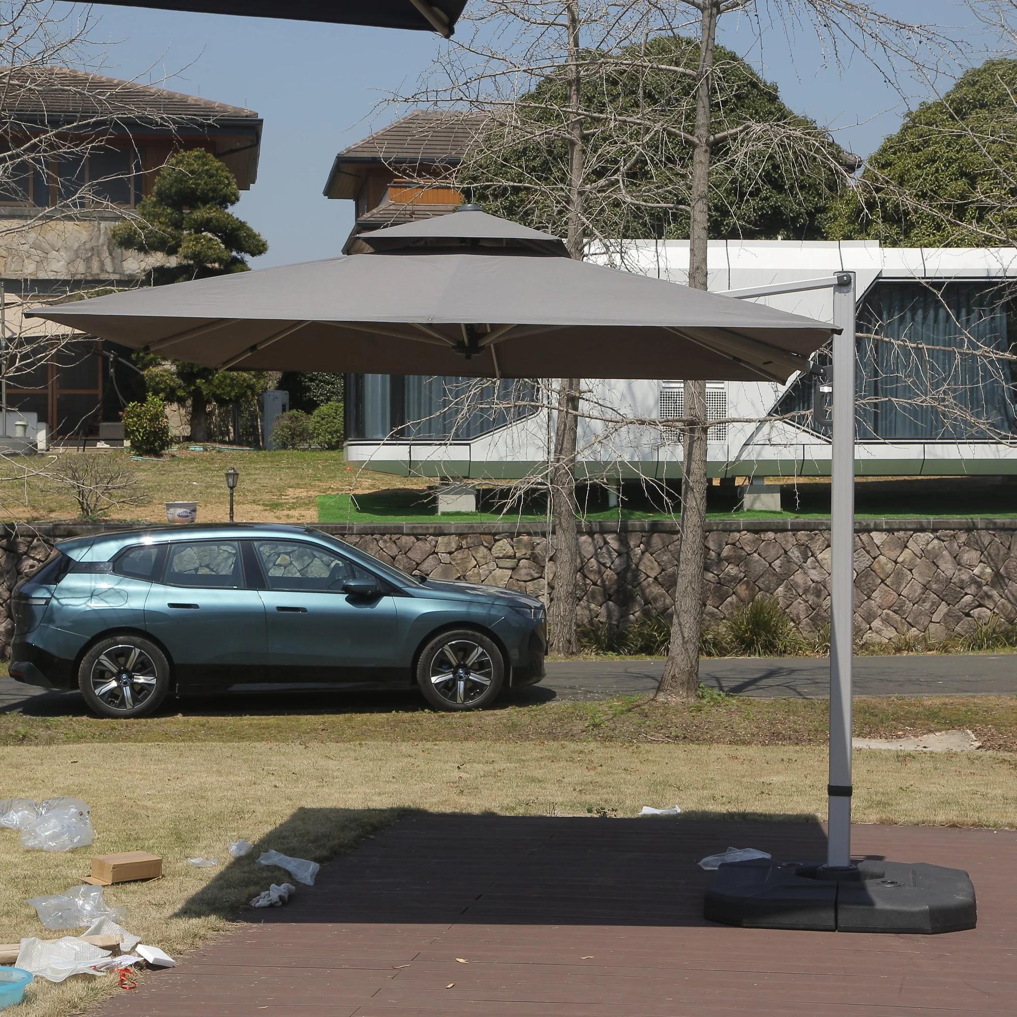 9*11 FtRectangle Cantilever Patio Umbrella with Center Pole Elegant Outdoor Furniture & Base Set