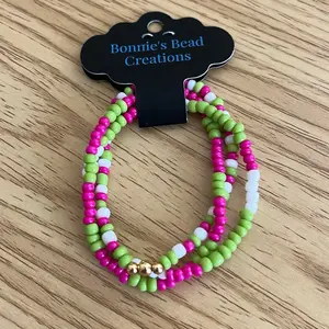 Bonnie's Bead Creations Casual Pink Green and White Seed Bead Bracelet Stack with Gold Plated Bead Accents
