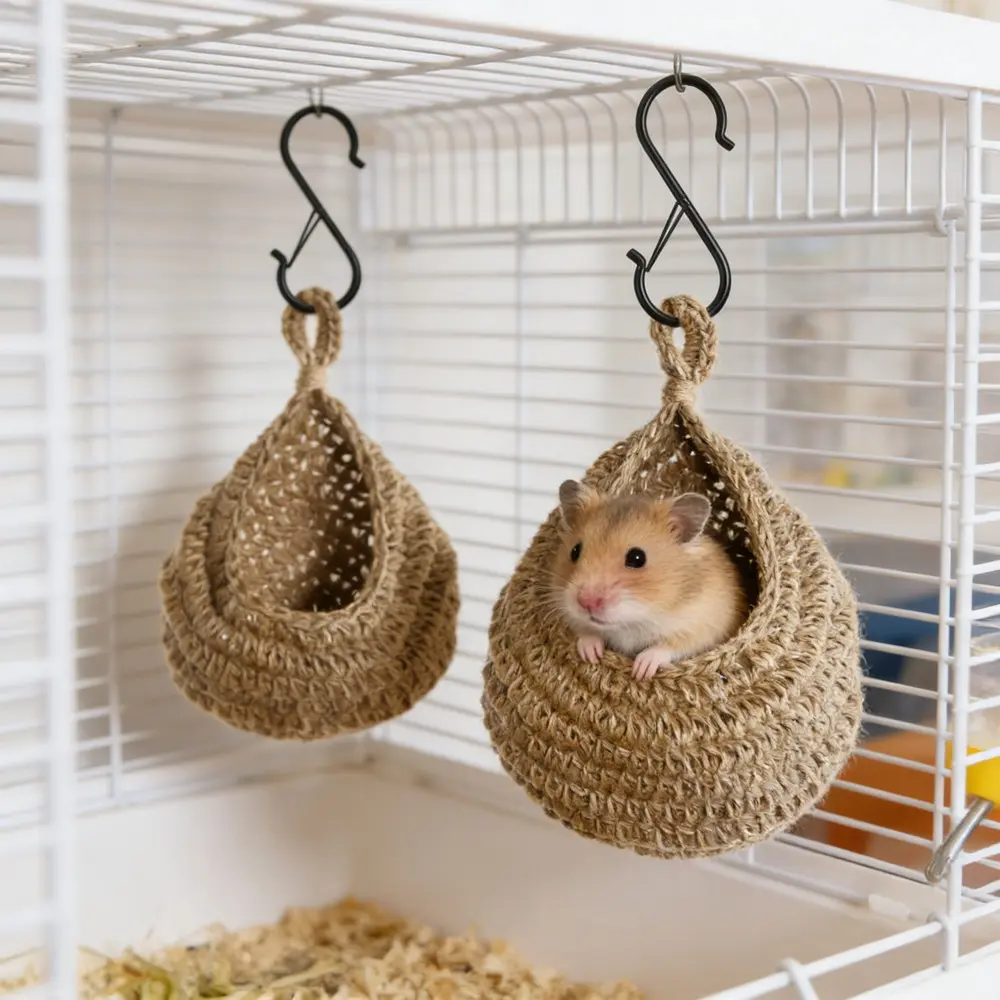 1PC Spring/Summer Woven Burlap Style Hanging Small Pet Hammock with Fixed Hooks, Breathable Comfortable Small Pet Bed Hamster Sleeping Nest, Hamster Cage Habitat, Guinea Pig Hideout, Suitable for Hamsters, Guinea Pigs in All Seasons