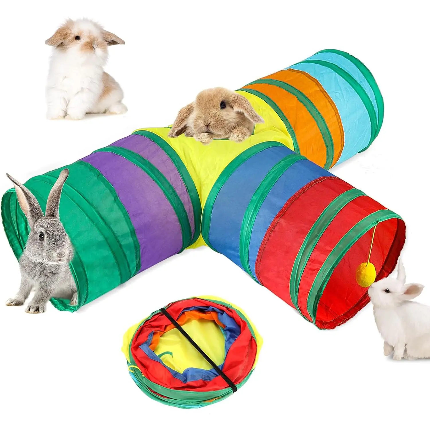 Bunny Tunnels & Tubes Collapsible 3 Way Bunny Hideout Small Animal Activity Tunnel Toys for Dwarf Rabbits Bunny Guinea Pigs Kitty