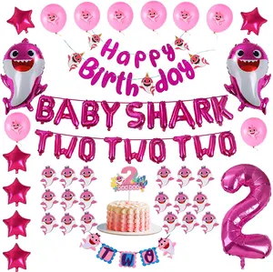 Pink Baby Shark 2nd Birthday Girl Decor – TWO High Chair Banner, Cake & Cupcake Topper, Number 2 Balloon, Pink Shark & Star Balloons
