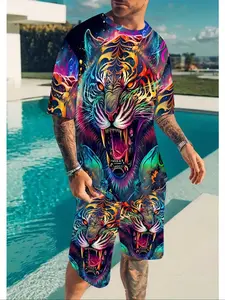 Men's Short Sleeve T-Shirt & Shorts Set, Neon Rainbow Tiger Print, Breathable Polyester Fabric, Casual Fit for All Seasons