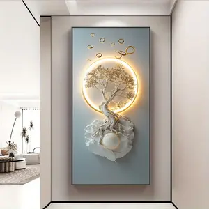 1pc Luminous Tree of Life Wall Art - 27.5x55.1in Frameless Oil Painting with Golden Light Effect, Modern Home Decor for Living Room or Bedroom, Elegant Stout Tree Design with White Shell Base and Cascading Lights, Tree Decor