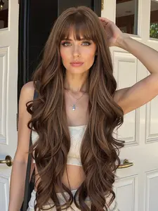 Fashionable New 30 Inch Long Wavy Brown Wigs with Bangs Synthetic Wigs, Women's Wigs Suitable for Ordinary Work, Life, Dance Parties and All Occasions