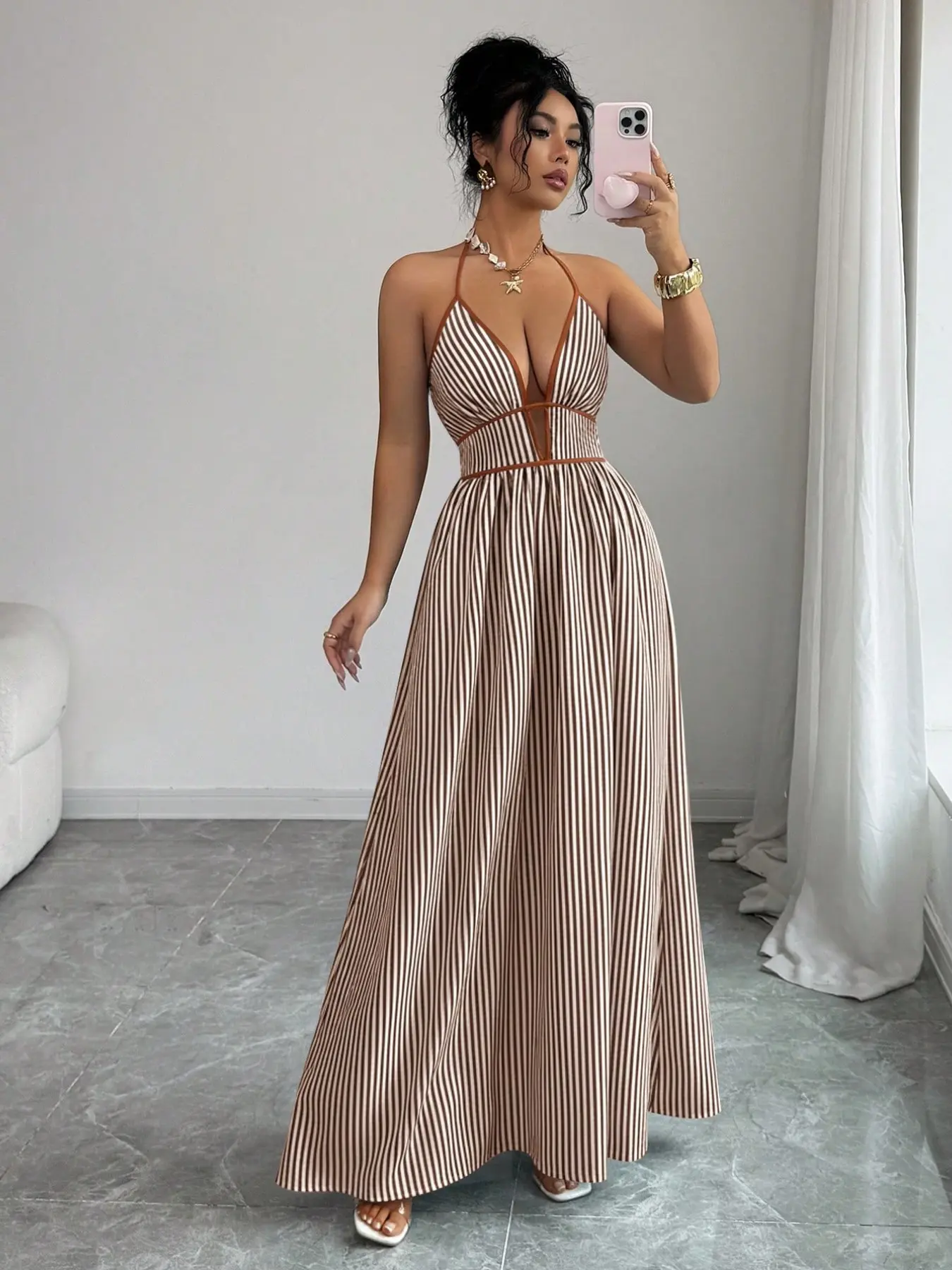 Striped Deep V Neck Long Dress, Casual Wear Backless Waist Cinch Summer Beach Vacation Style, Beach Holiday Dresses, Sandals Skirt, Perfect for Coastal Getaways
