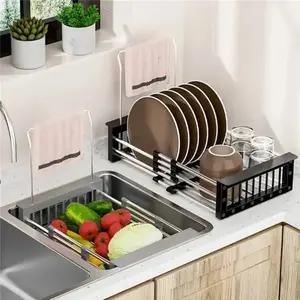 Adjustable Stainless Steel Dish Rack Expandable Sink Caddy for Drying Dishes & Washing Produce Rust-Proof Collapsible Drainer Basket with Fruit Holder Space Saving Countertop Organizer Easy to Store Grey