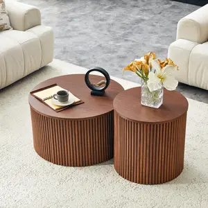 2-Piece Nesting Coffee Table Set, Roman Column Design MDF Round Tables with Hidden Storage, Living Room Bedroom Side Tables (33.07" Max Size)
