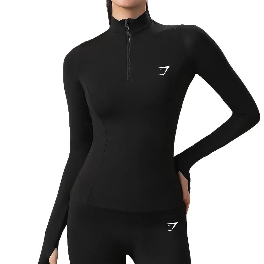 [With Logo] Women Half Zip Long Sleeve Workout Top, Slim Fit Breathable Running Fitness Jacket, Athletic Yoga Long Sleeve Top for Autumn Winter