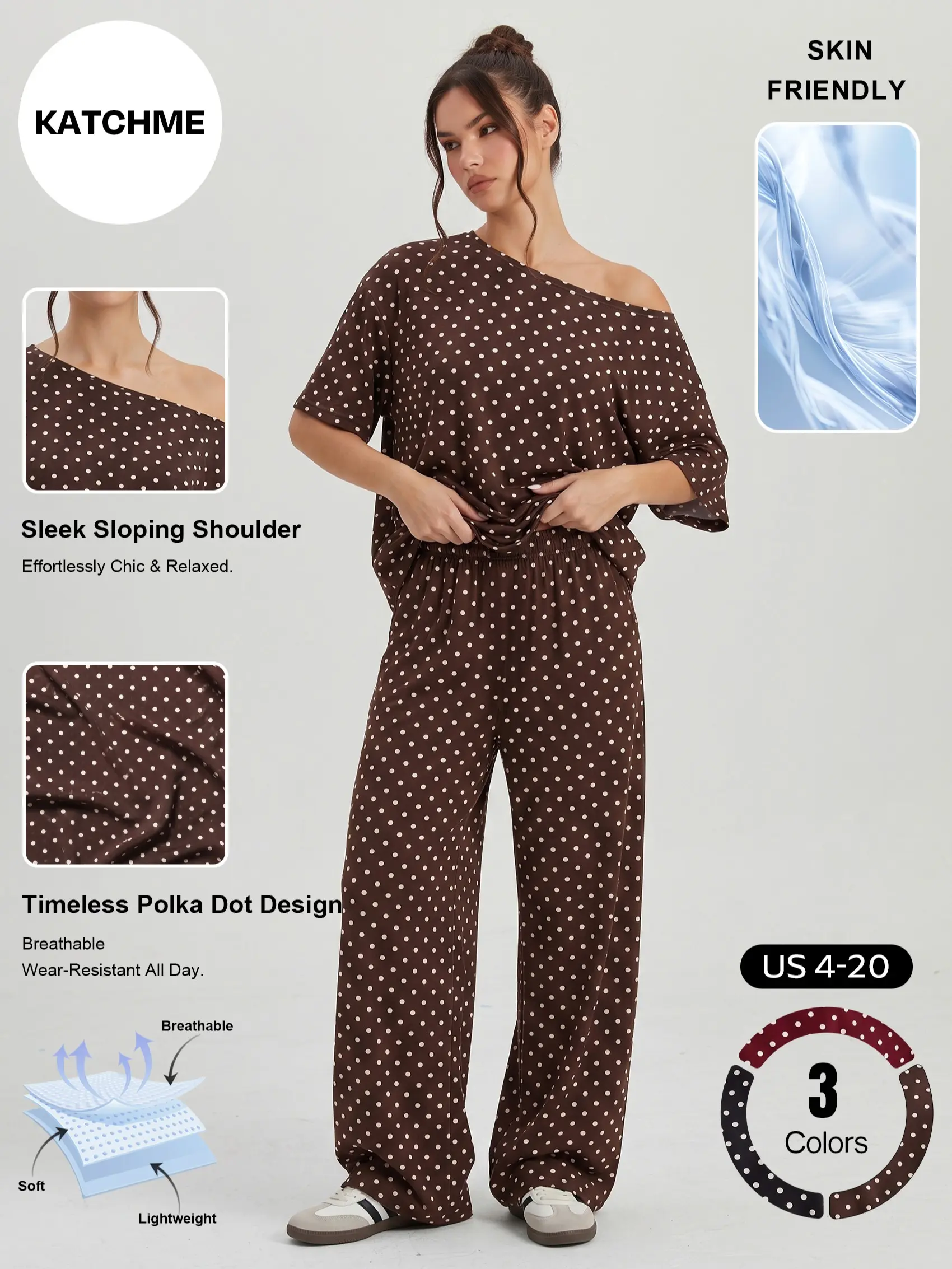 Katch Me Chic Women's Vibrant Polka Dot Sloping Shoulder Short Sleeve Top & Wide Leg Trousers Co-ord, Breathable Loose Two Piece Sets for Spring & Summer, Stretch Pill-Resistant Soft Daily Outfit #TikTokMadeMeBuyIt #SummerEssentials #MatchingOutfit